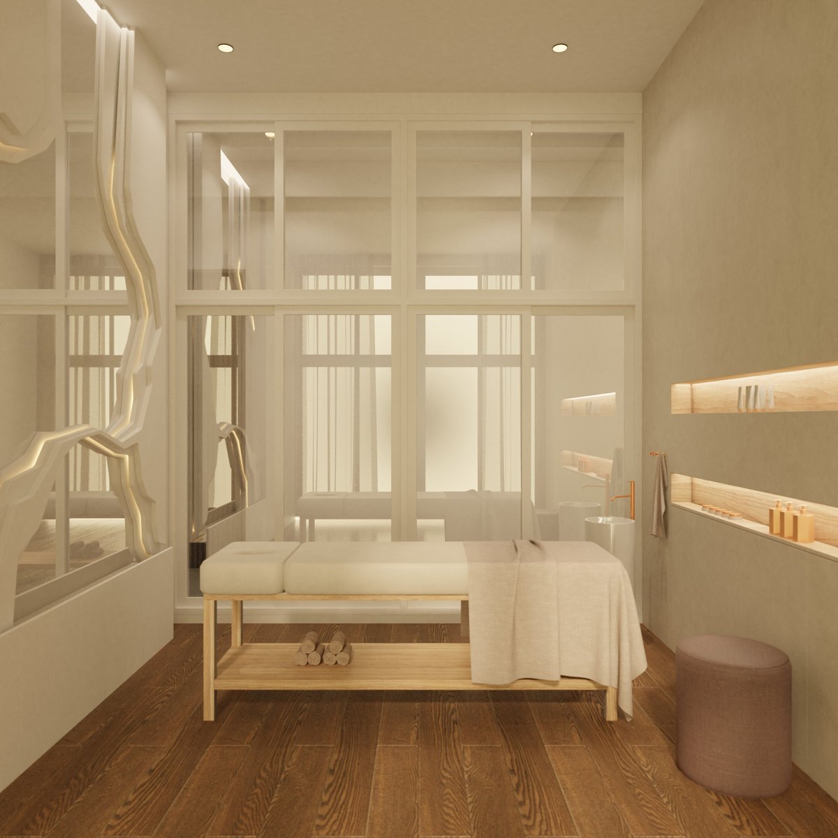 The white spa room features curved, minimalist walls and mirrors that reflect the reflection inside the room, along with a spa bed and sink on a wooden floor.